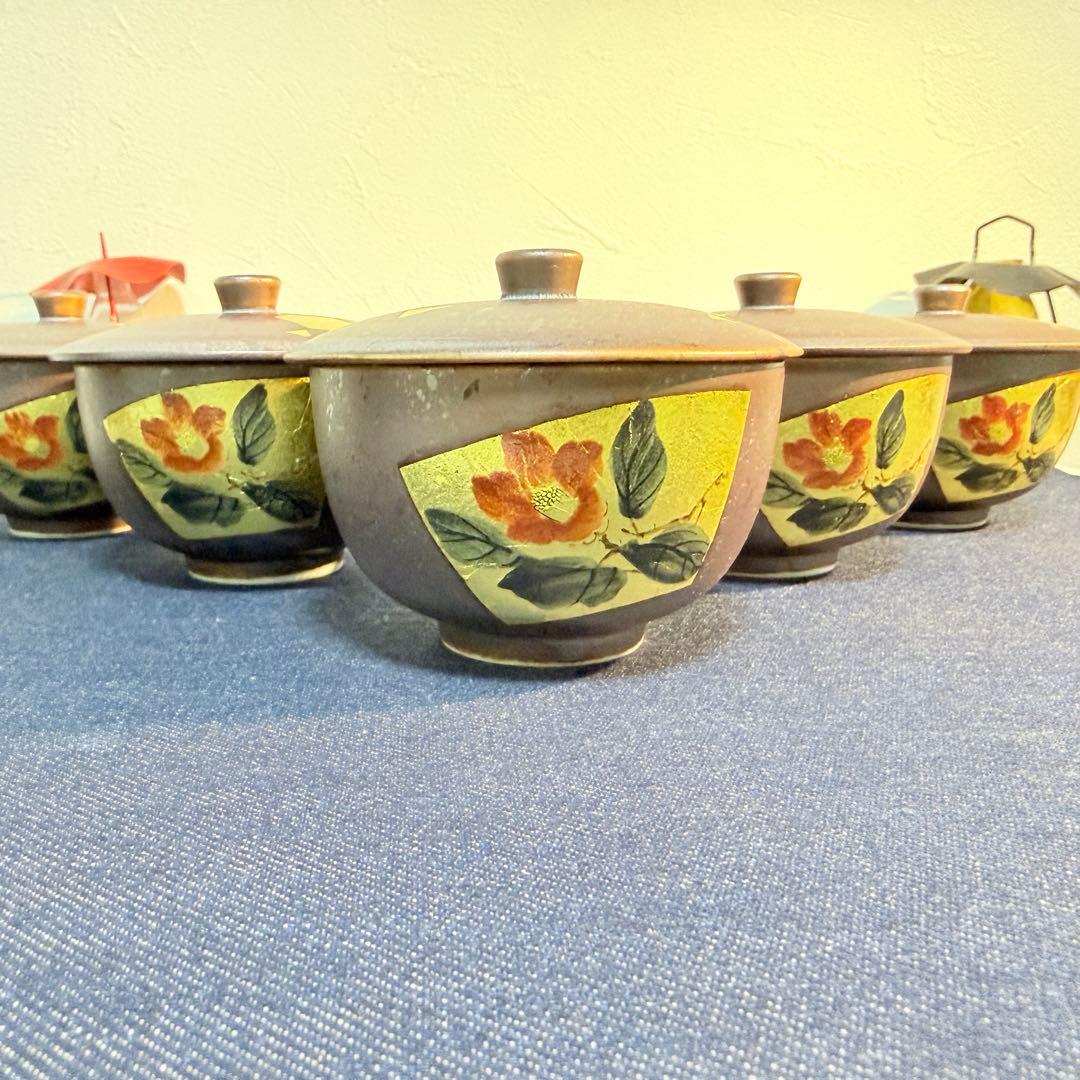 九谷焼 吉右衛門 蓋付茶碗 5客セット 新品未使用 金箔 椿文 伝統工芸 煮物椀