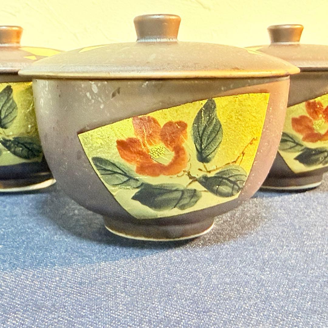 九谷焼 吉右衛門 蓋付茶碗 5客セット 新品未使用 金箔 椿文 伝統工芸 煮物椀