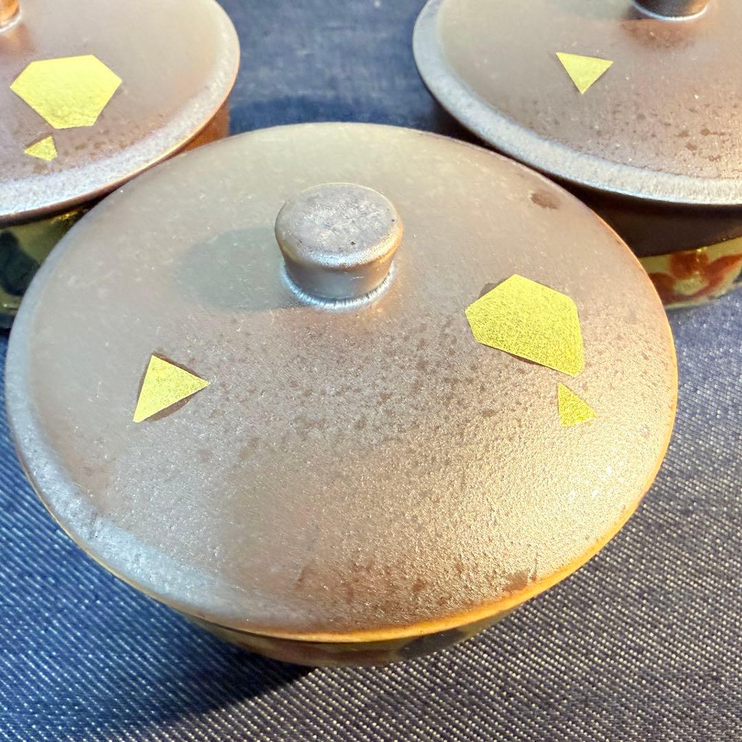 九谷焼 吉右衛門 蓋付茶碗 5客セット 新品未使用 金箔 椿文 伝統工芸 煮物椀