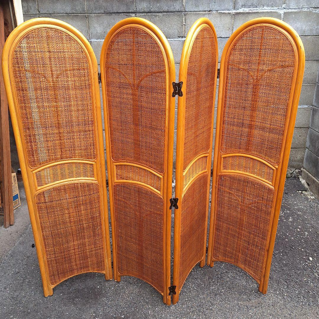 アンティークラタンパーテーション 籐衝立 籐間仕切り 4連 アジアン家具