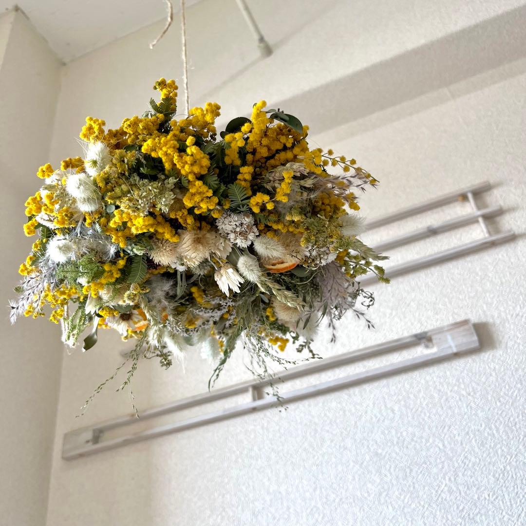 ミモザリース　ミモザフライングリース　ミモザスワッグ　ドライフラワーリース