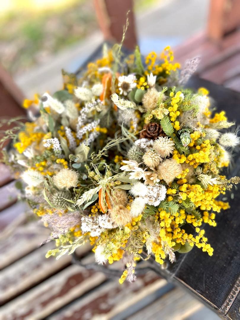ミモザリース　ミモザフライングリース　ミモザスワッグ　ドライフラワーリース