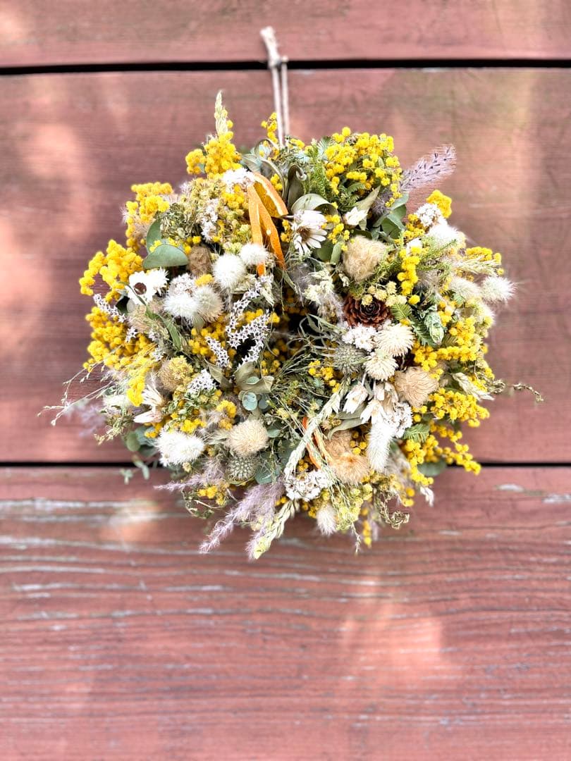 ミモザリース　ミモザフライングリース　ミモザスワッグ　ドライフラワーリース