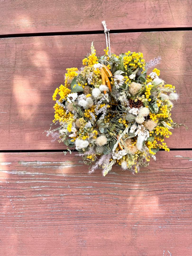 ミモザリース　ミモザフライングリース　ミモザスワッグ　ドライフラワーリース