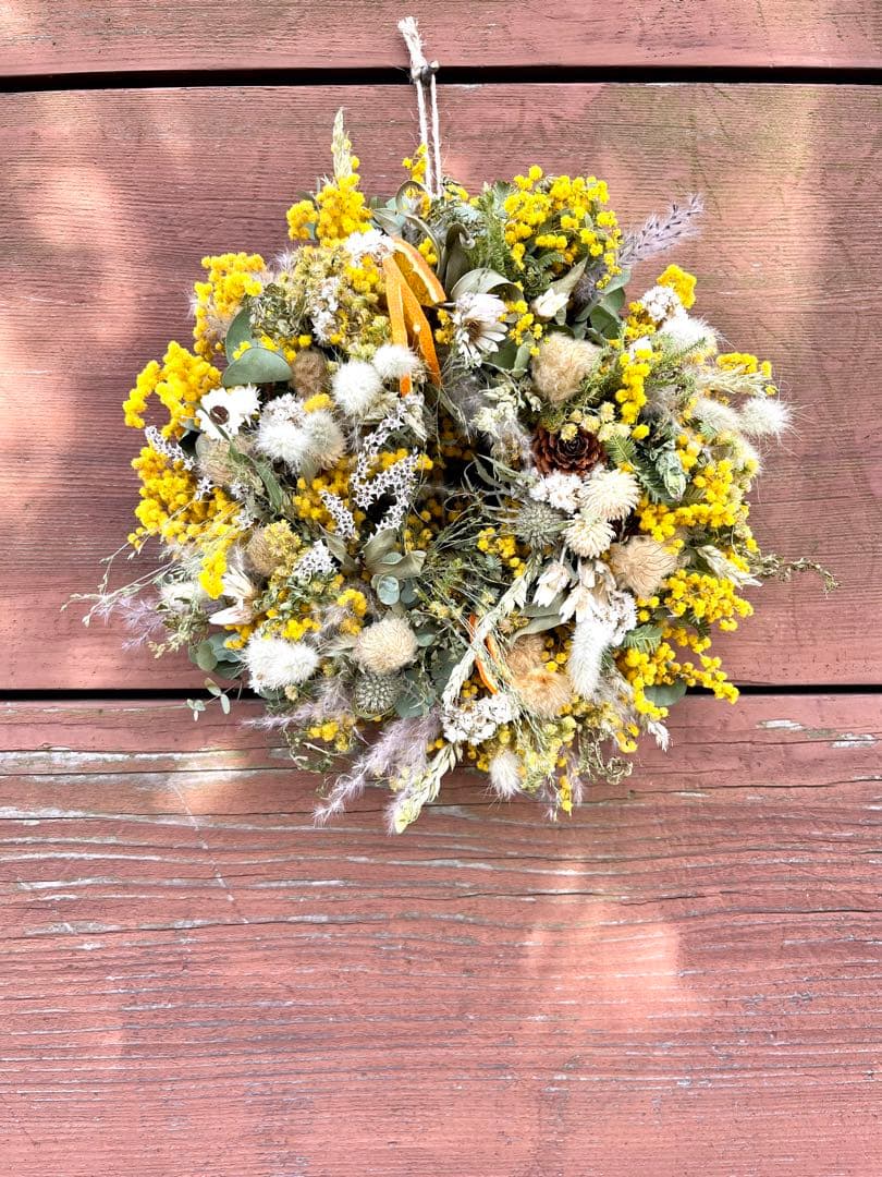 ミモザリース　ミモザフライングリース　ミモザスワッグ　ドライフラワーリース