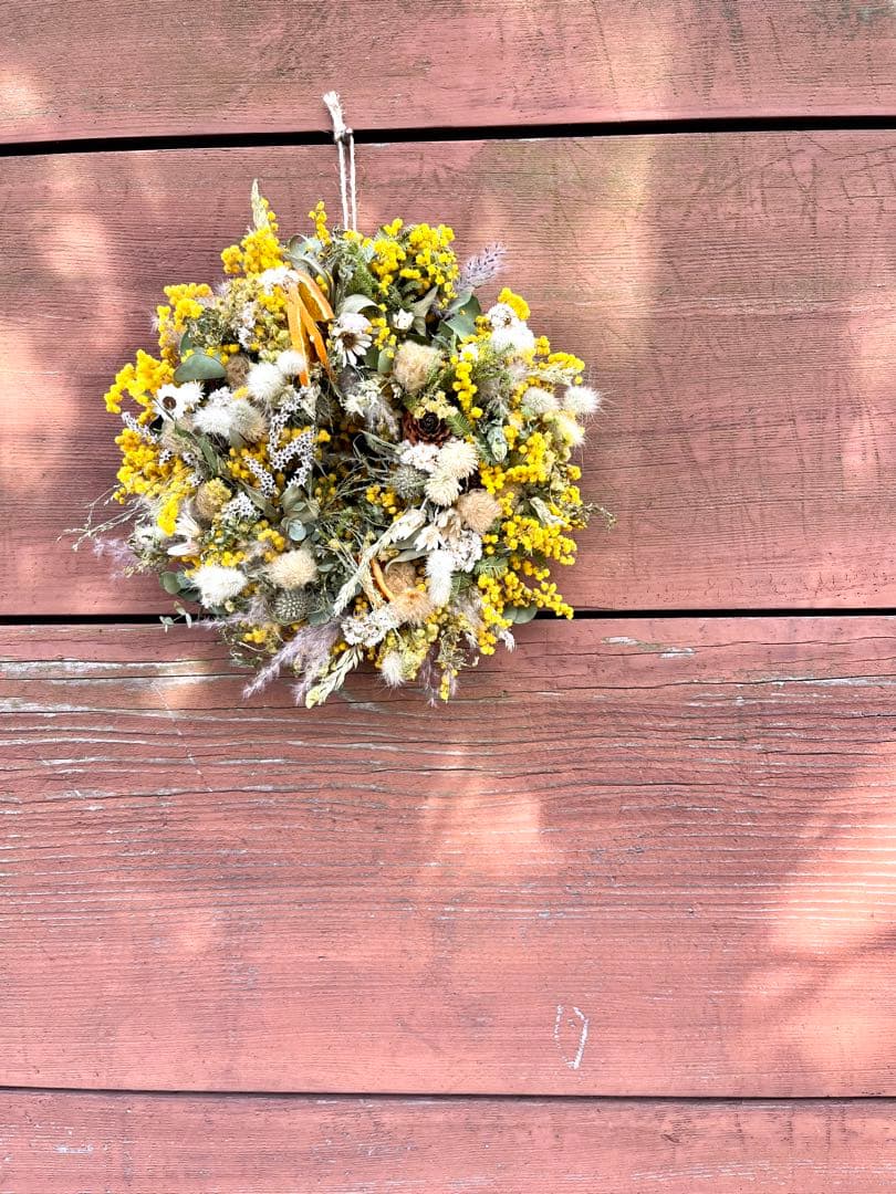 ミモザリース　ミモザフライングリース　ミモザスワッグ　ドライフラワーリース