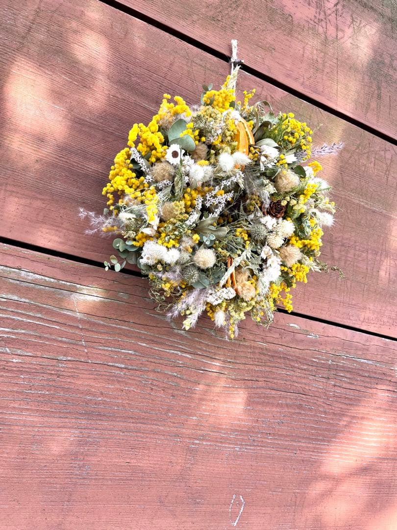 ミモザリース　ミモザフライングリース　ミモザスワッグ　ドライフラワーリース