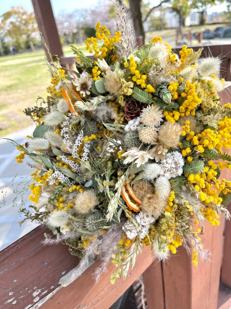 ミモザリース　ミモザフライングリース　ミモザスワッグ　ドライフラワーリース