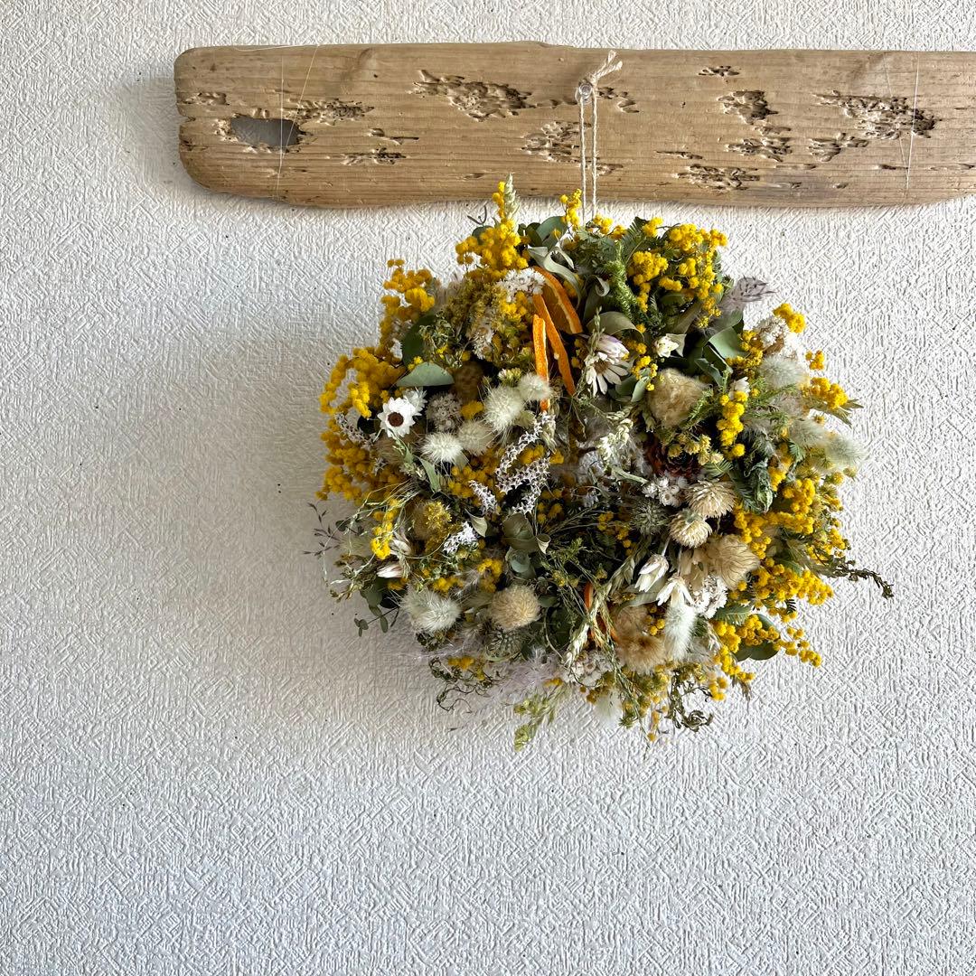 ミモザリース　ミモザフライングリース　ミモザスワッグ　ドライフラワーリース