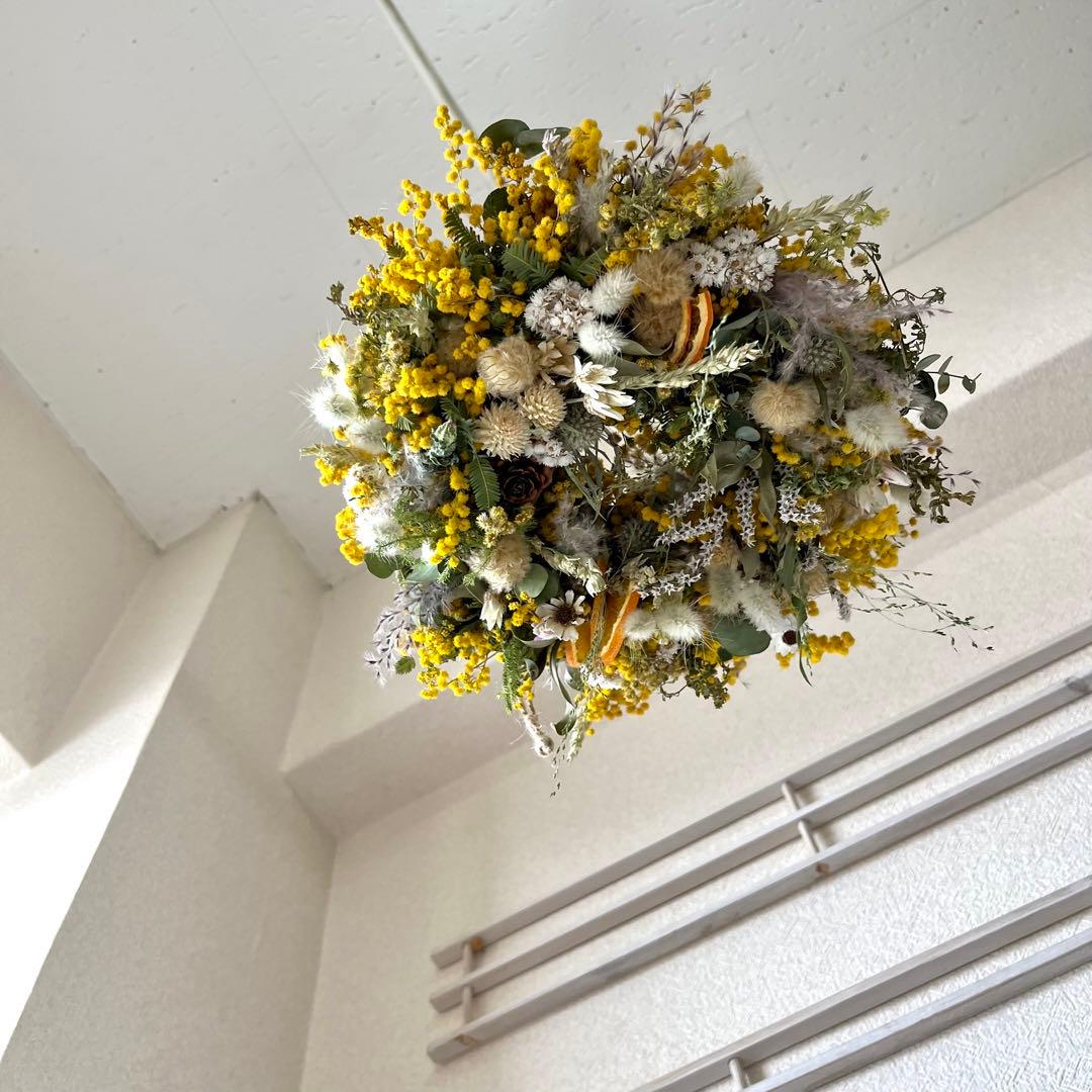 ミモザリース　ミモザフライングリース　ミモザスワッグ　ドライフラワーリース