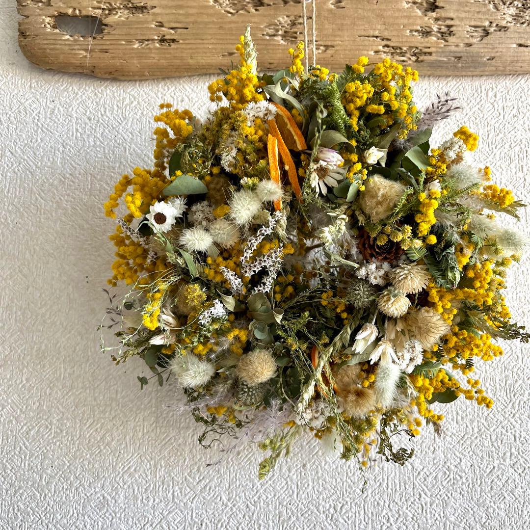 ミモザリース　ミモザフライングリース　ミモザスワッグ　ドライフラワーリース