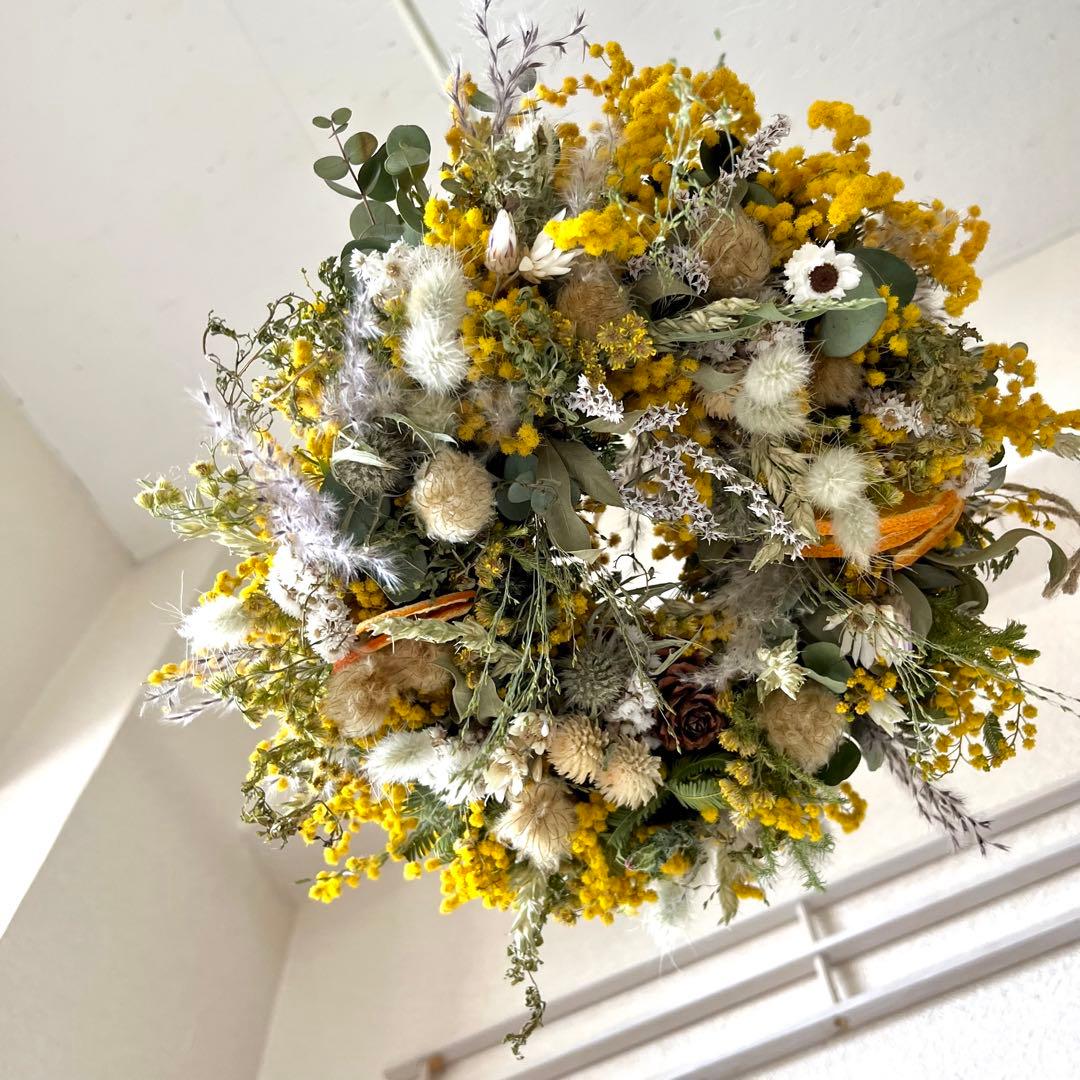 ミモザリース　ミモザフライングリース　ミモザスワッグ　ドライフラワーリース