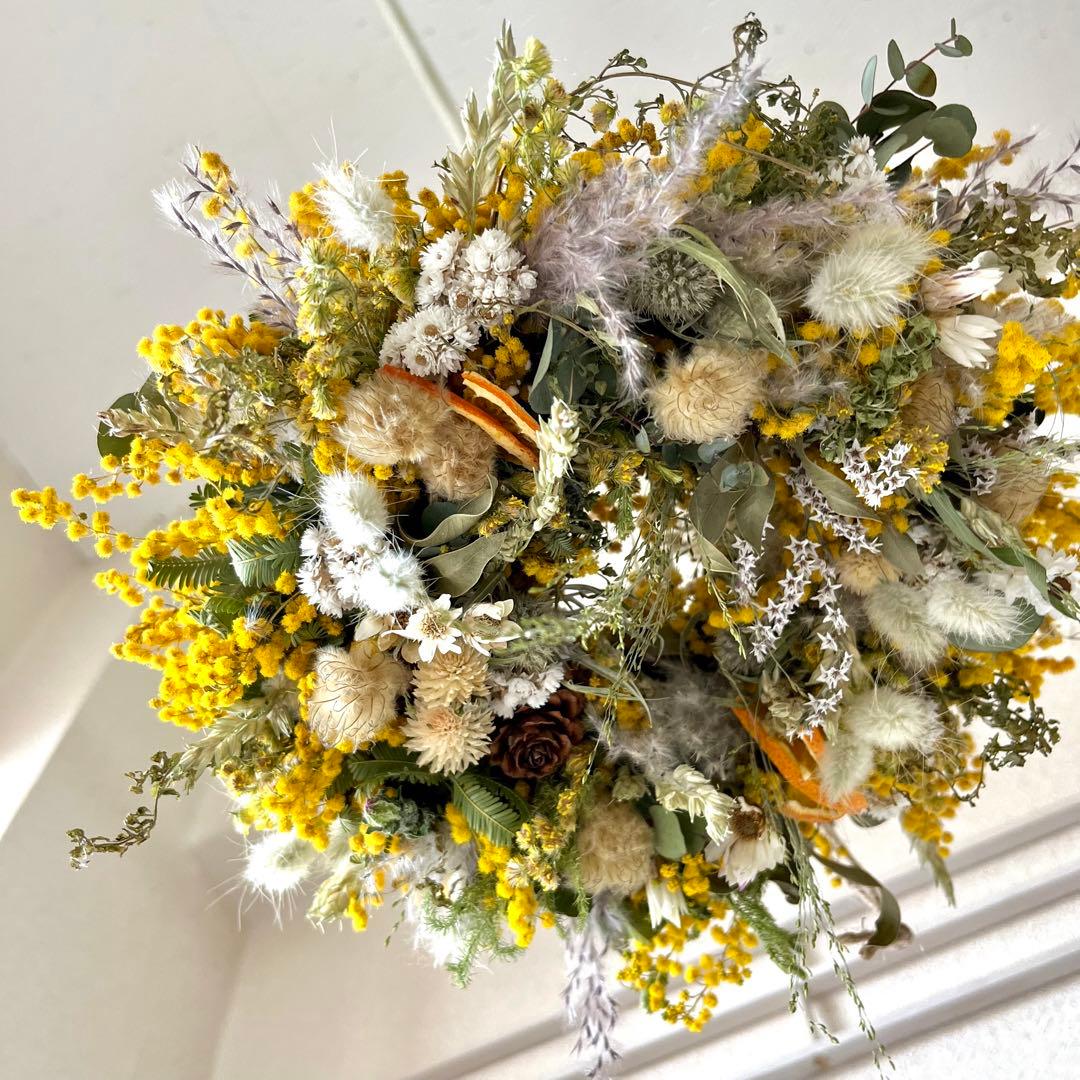 ミモザリース　ミモザフライングリース　ミモザスワッグ　ドライフラワーリース