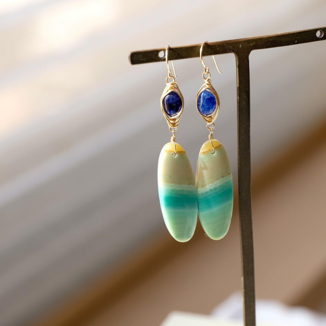 14kgfブルーオパライズドウッド・サファイアピアス/イヤリング