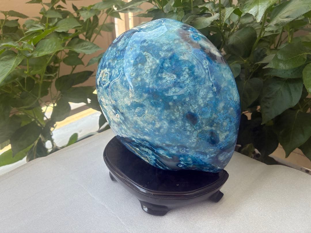 銭亀模様 青瑪瑙 天然石 原石 全面磨き 大型 インテリア 置物 台座付き