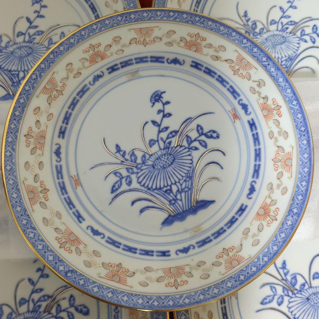 中国景徳鎮製 青花玲瓏 大皿 5枚 花図 蛍焼 青華 染付 赤絵 金彩 中國古玩