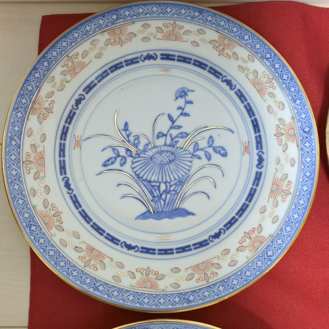 中国景徳鎮製 青花玲瓏 大皿 5枚 花図 蛍焼 青華 染付 赤絵 金彩 中國古玩