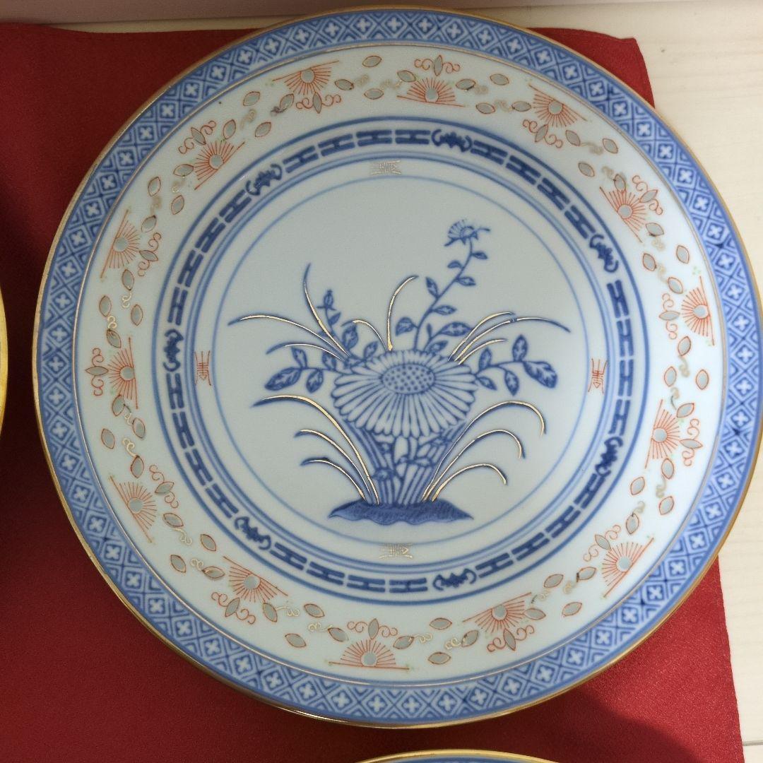 中国景徳鎮製 青花玲瓏 大皿 5枚 花図 蛍焼 青華 染付 赤絵 金彩 中國古玩