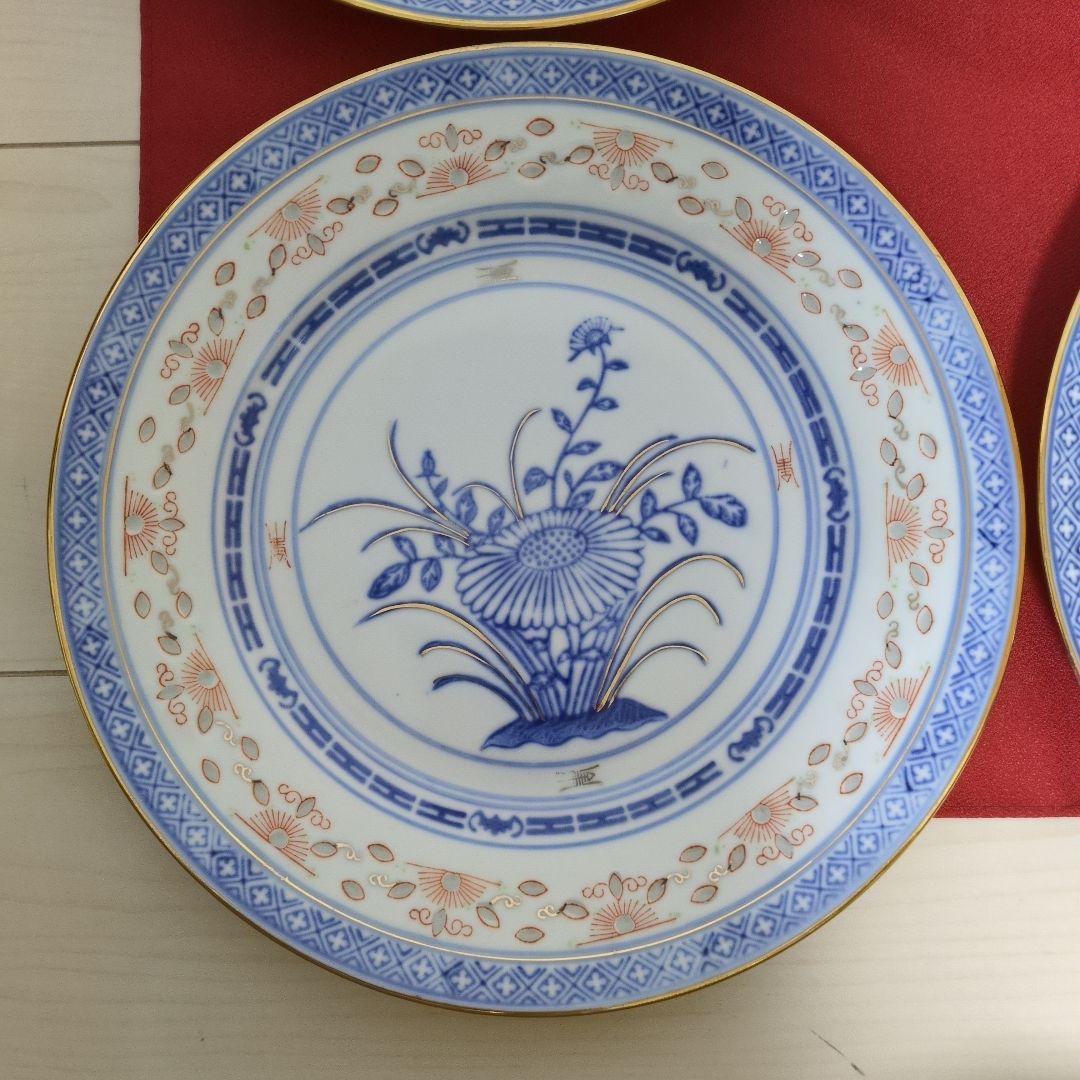 中国景徳鎮製 青花玲瓏 大皿 5枚 花図 蛍焼 青華 染付 赤絵 金彩 中國古玩