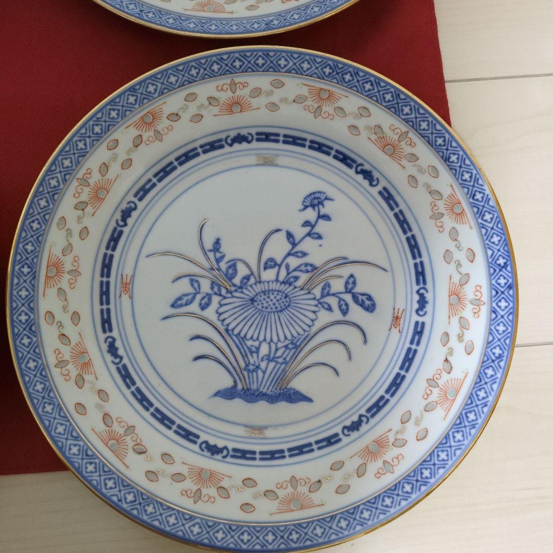 中国景徳鎮製 青花玲瓏 大皿 5枚 花図 蛍焼 青華 染付 赤絵 金彩 中國古玩