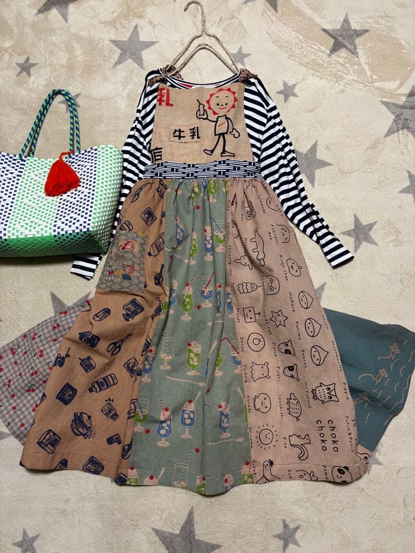 ひろこママ　1074 胸当て付エプロン　クリームソーダ　手ぬぐい　手拭い