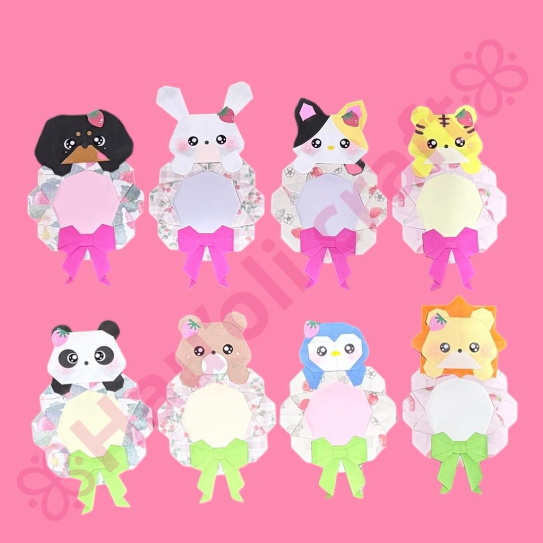 いちご　うさぎ　折り紙ハンドメイド　折り紙リース　折り紙メダル　メッセージカード