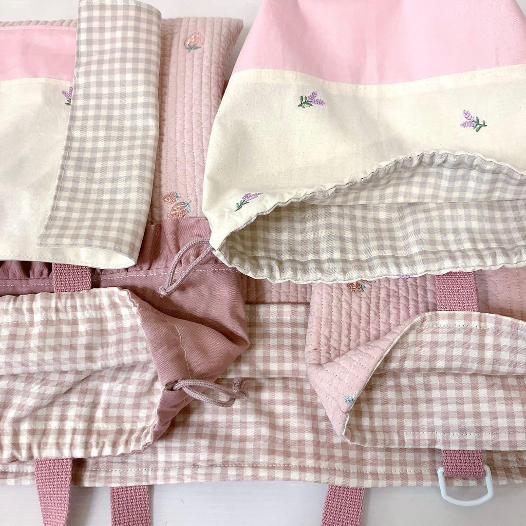 レッスンバッグ 上履き入れ　体操服袋　給食袋　ランチョンマット　ヌビ　いちご刺繍