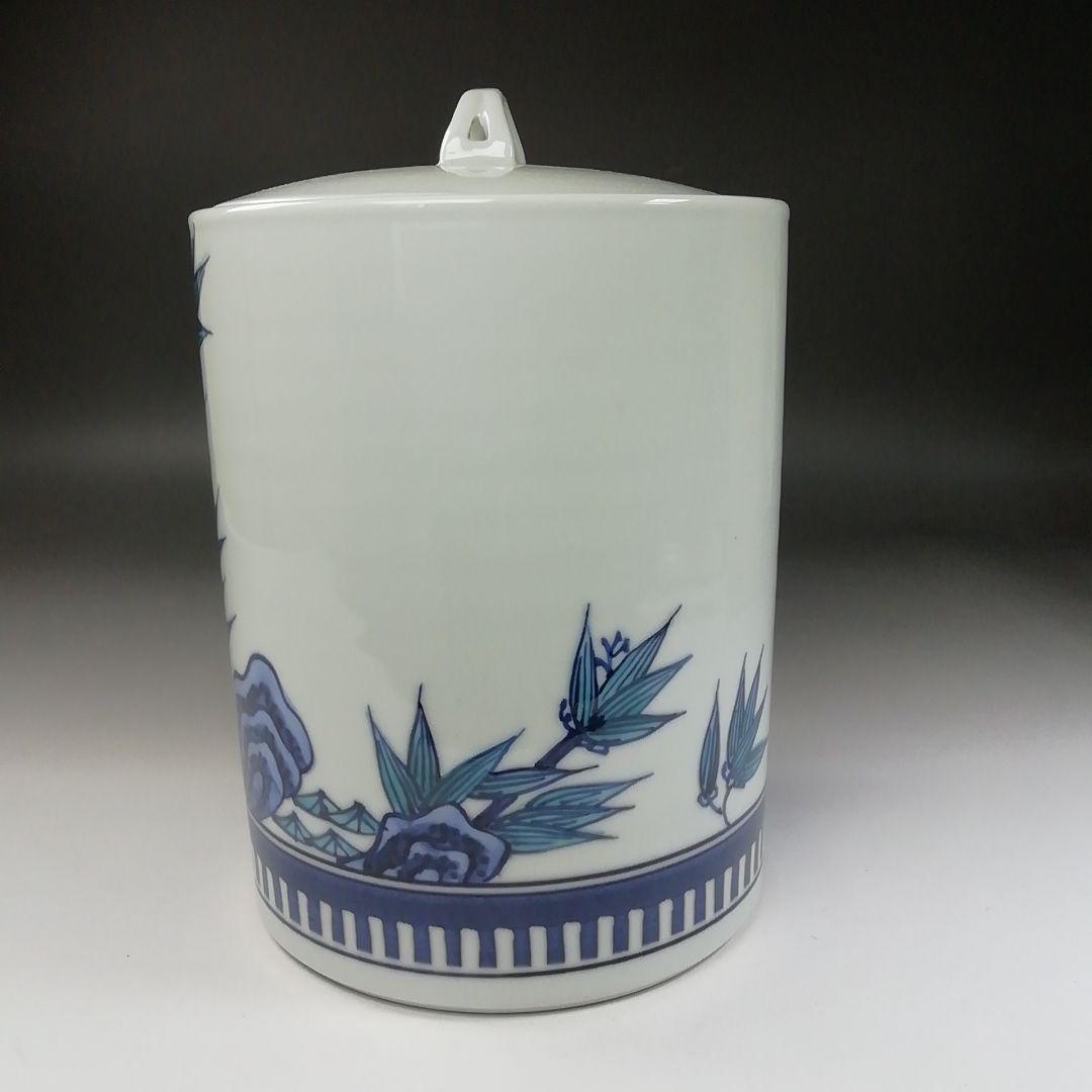 Ｔ１９３　水指　『染付　岩竹』『押小路窯　庄左ェ門』　共箱　茶道具