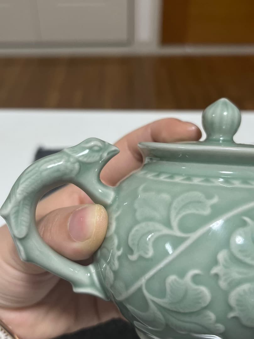 中国美術 耀州窯急須 茶道 茶器 釉下彫花 5点セット