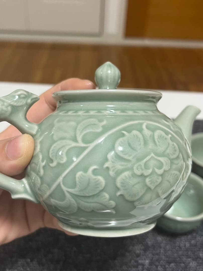 中国美術 耀州窯急須 茶道 茶器 釉下彫花 5点セット