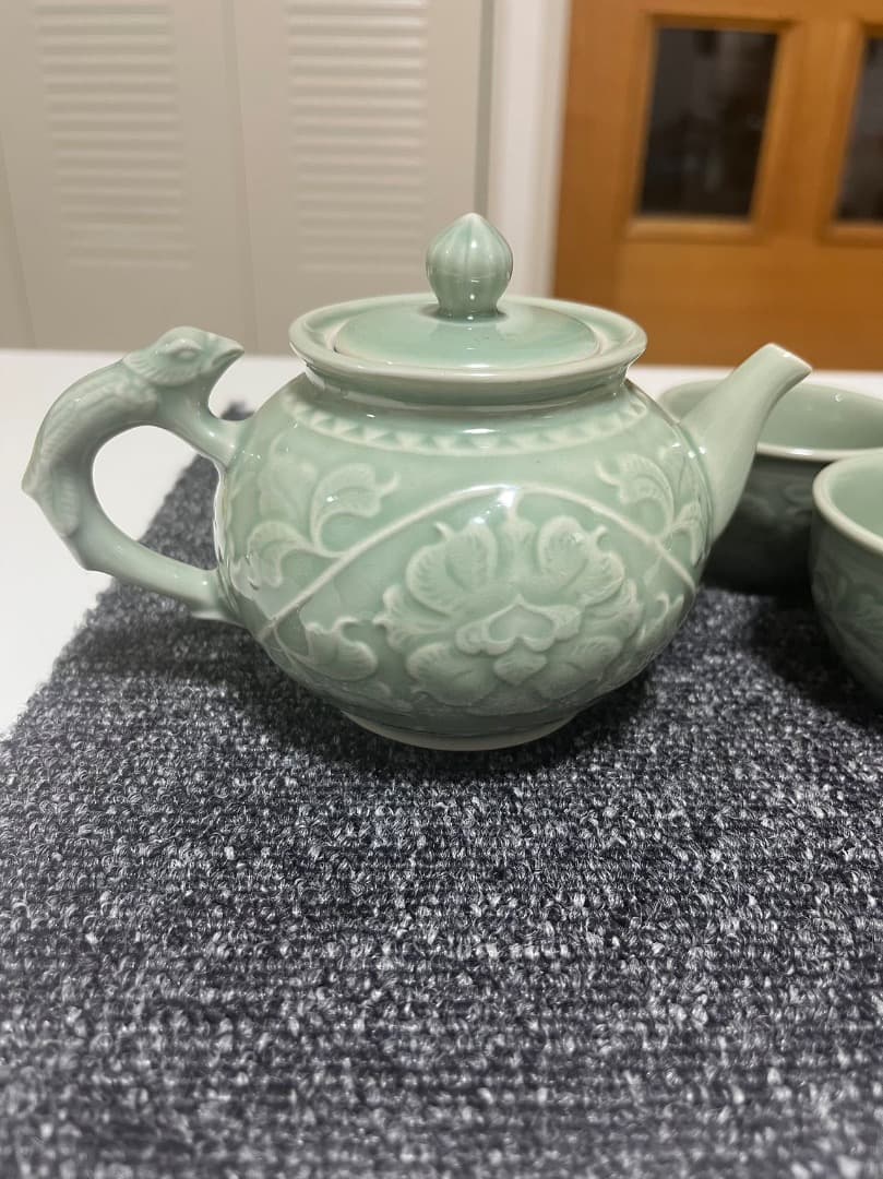 中国美術 耀州窯急須 茶道 茶器 釉下彫花 5点セット