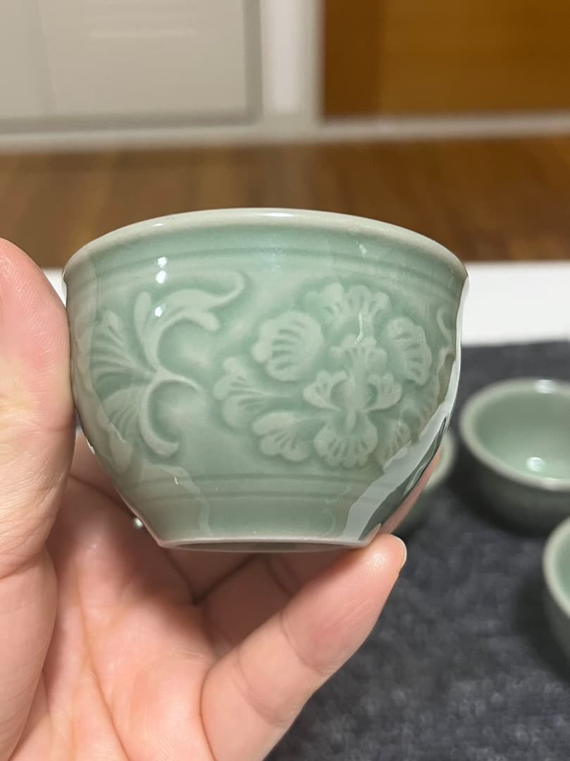 中国美術 耀州窯急須 茶道 茶器 釉下彫花 5点セット