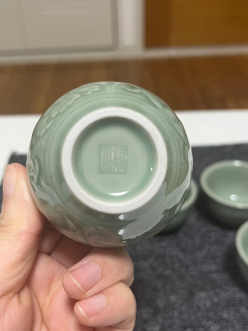 中国美術 耀州窯急須 茶道 茶器 釉下彫花 5点セット