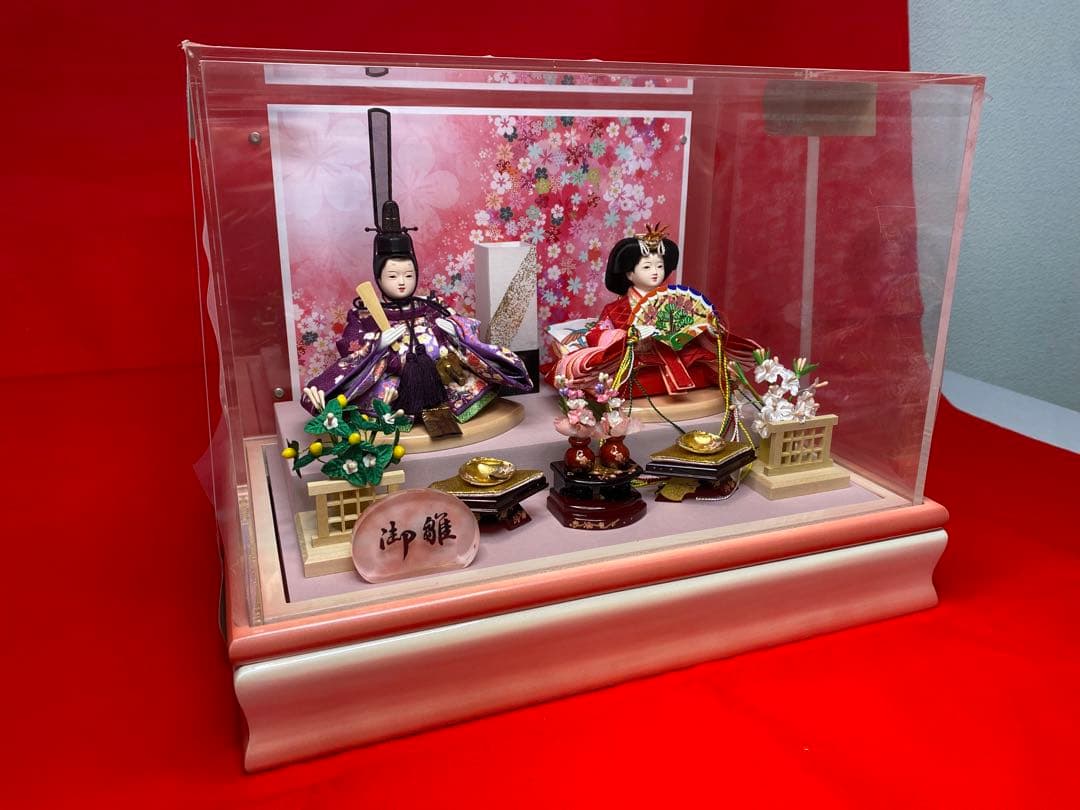 おぼこ　雛人形ガラスケース親王飾り・サイズ間口約３８×奥行約２７×高さ約２９㎝