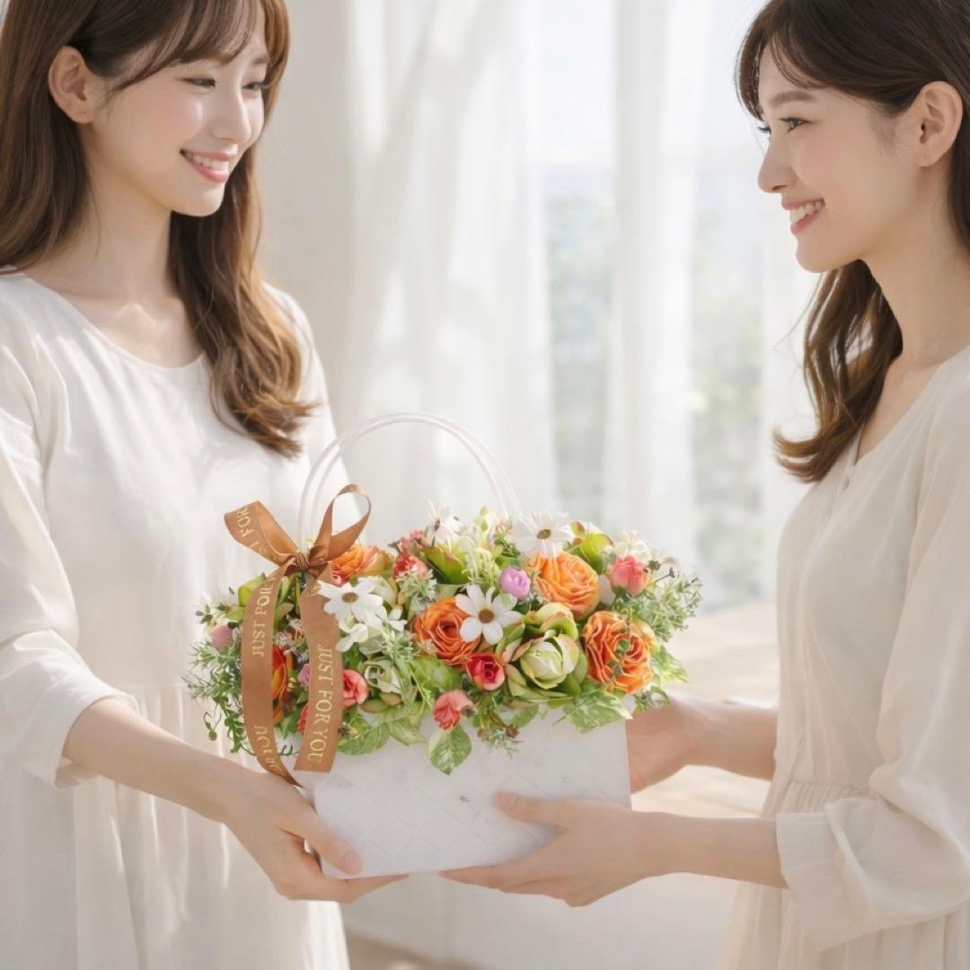 オレンジローズのバッグ型フラワーアレンジメント 退職祝い・誕生日・感謝の贈り物に