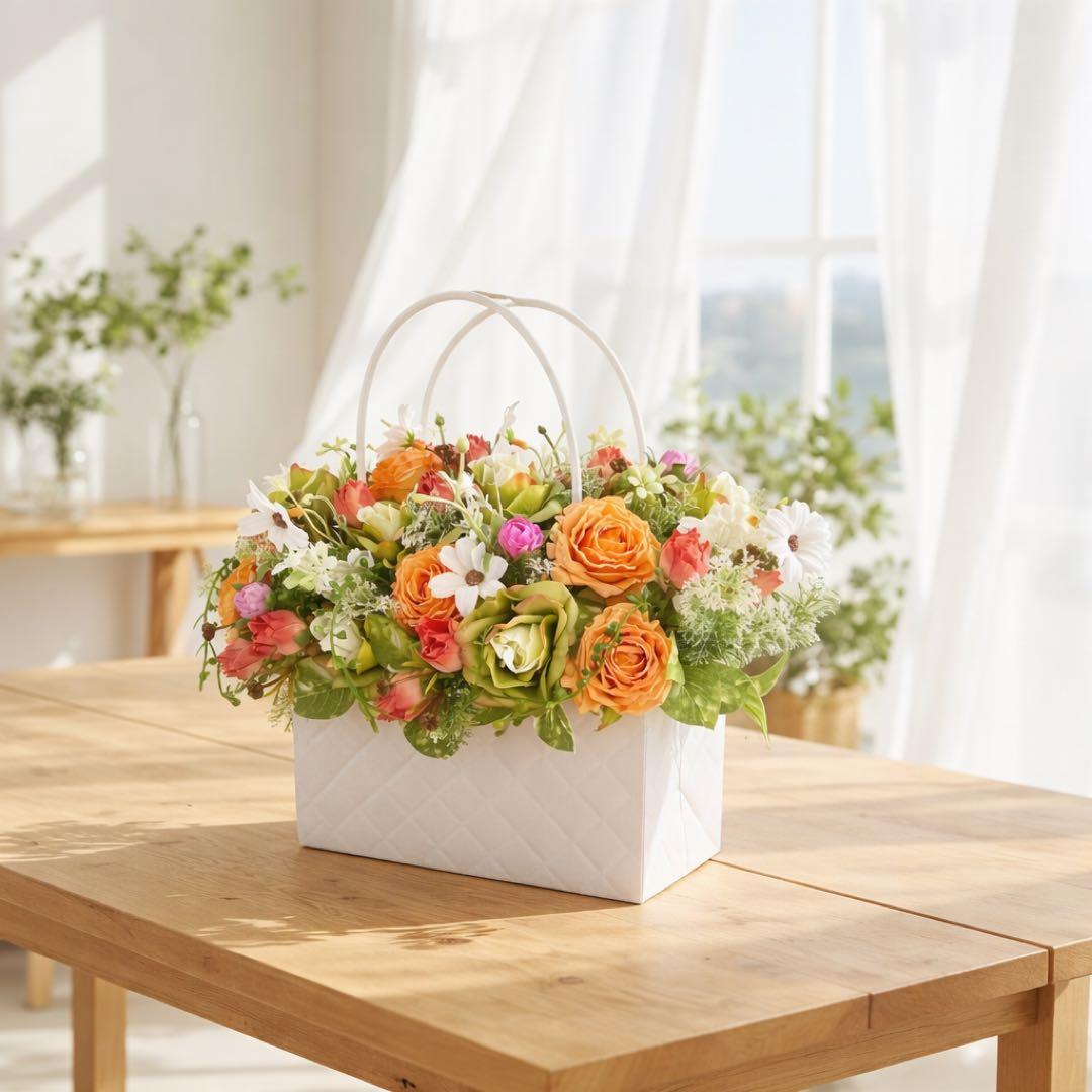 オレンジローズのバッグ型フラワーアレンジメント 退職祝い・誕生日・感謝の贈り物に