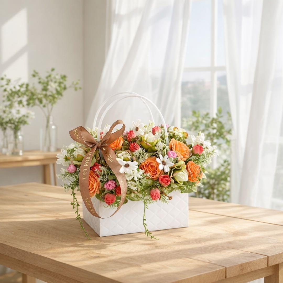 オレンジローズのバッグ型フラワーアレンジメント 退職祝い・誕生日・感謝の贈り物に