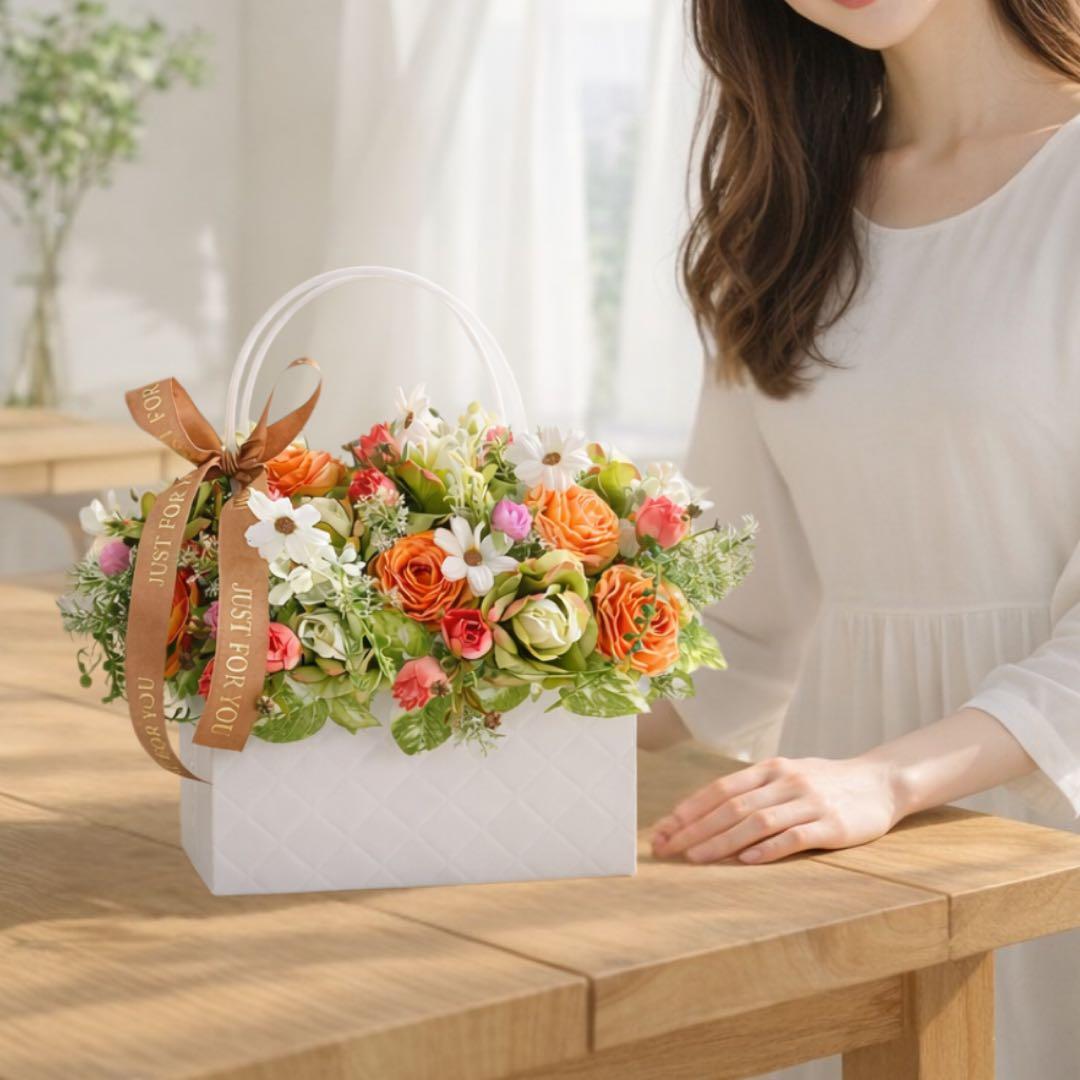 オレンジローズのバッグ型フラワーアレンジメント 退職祝い・誕生日・感謝の贈り物に