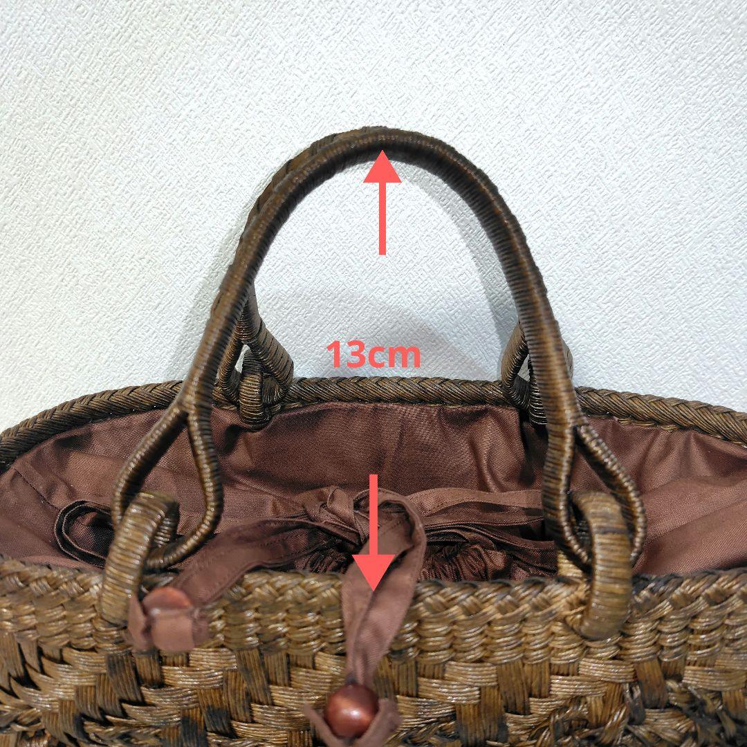 クラフトで作った山葡萄風柿渋染め網代編みかごバッグ（巾着タイプ）