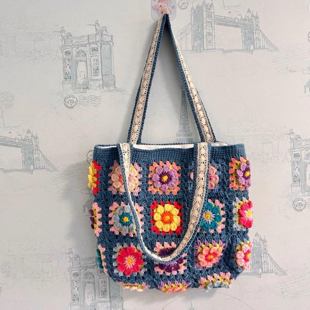 カラフル花柄かぎ針編みトートバッグ