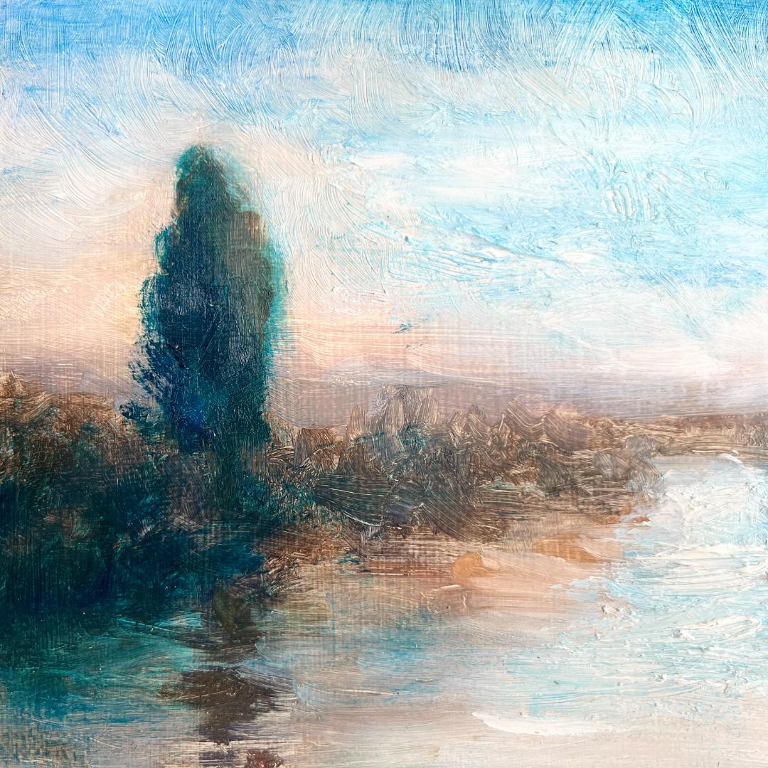 【額付き】湖畔の風景 風景画 油絵 原画 0号 インテリア