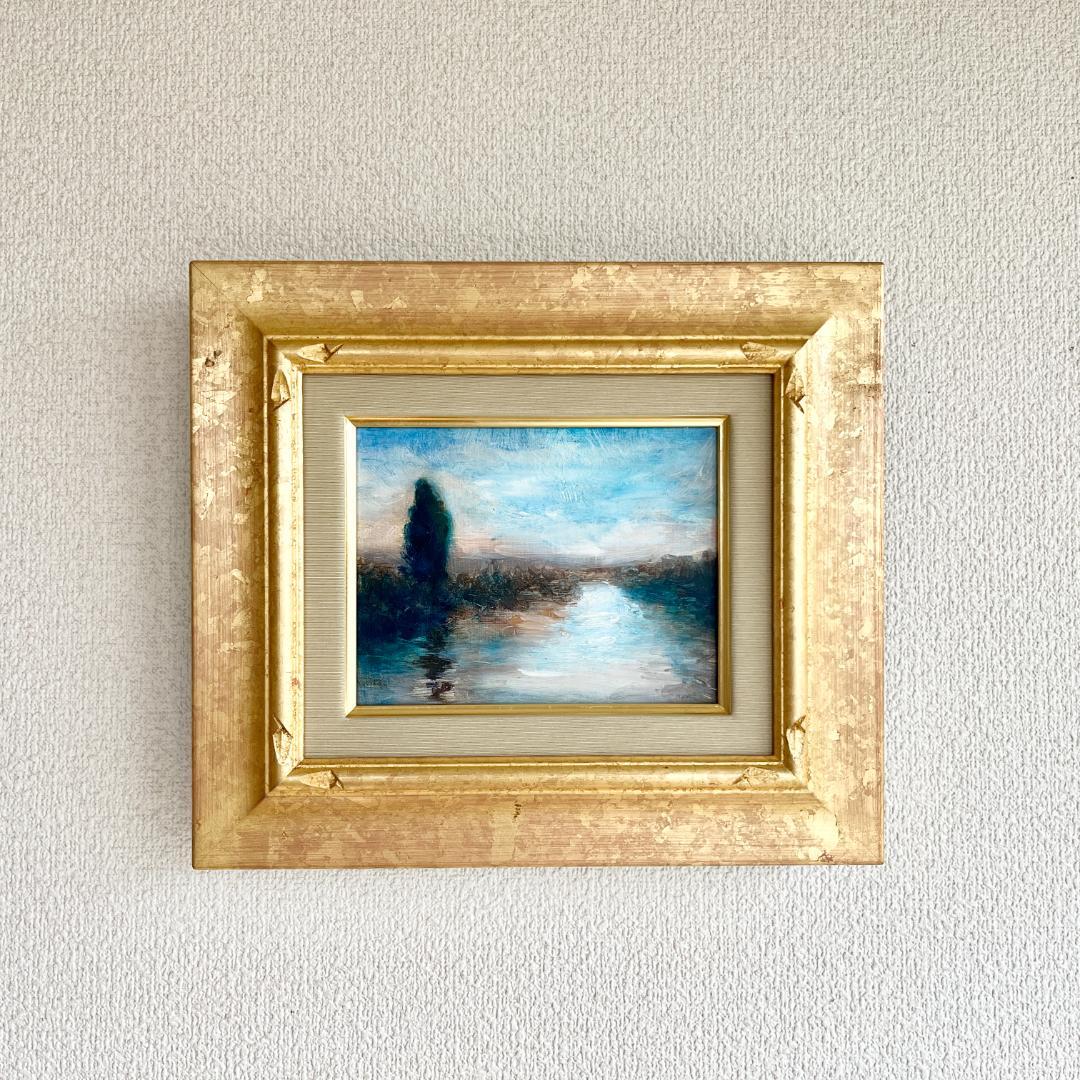 【額付き】湖畔の風景 風景画 油絵 原画 0号 インテリア