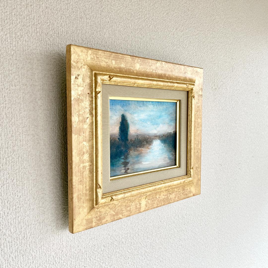【額付き】湖畔の風景 風景画 油絵 原画 0号 インテリア