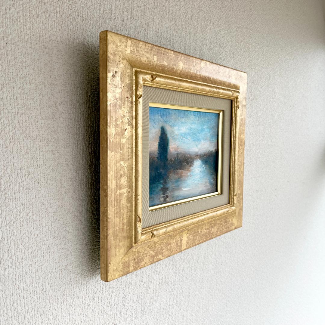 【額付き】湖畔の風景 風景画 油絵 原画 0号 インテリア