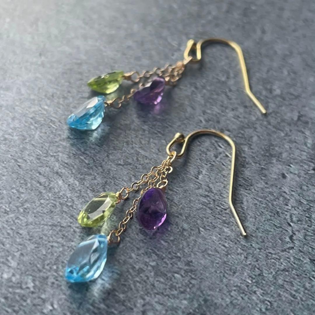 宝石質 アメジスト ブルートパーズ ペリドット 3種のジュエル ピアス