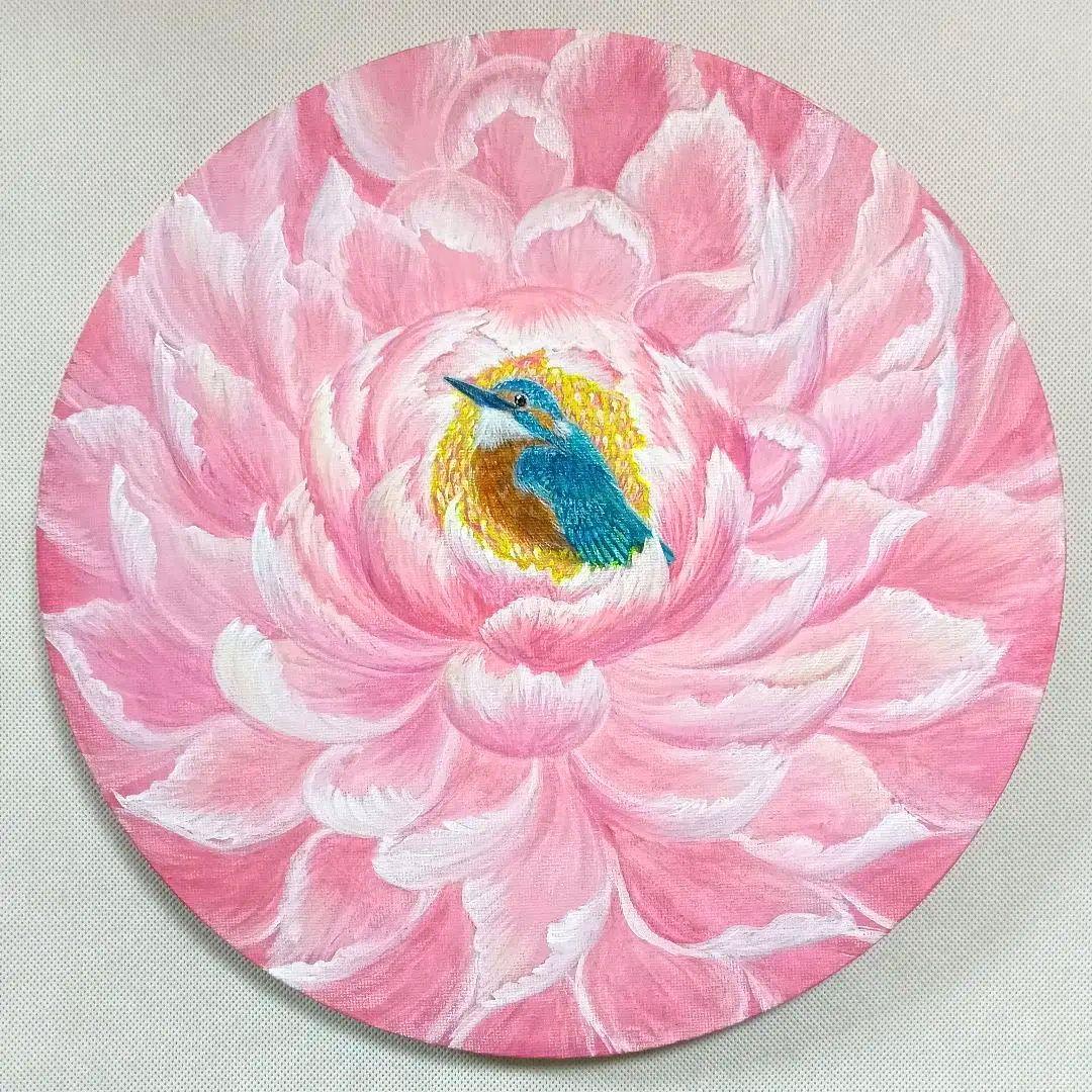 No.563 丸形キャンバス　カワセミ牡丹　アクリル画　開運絵画