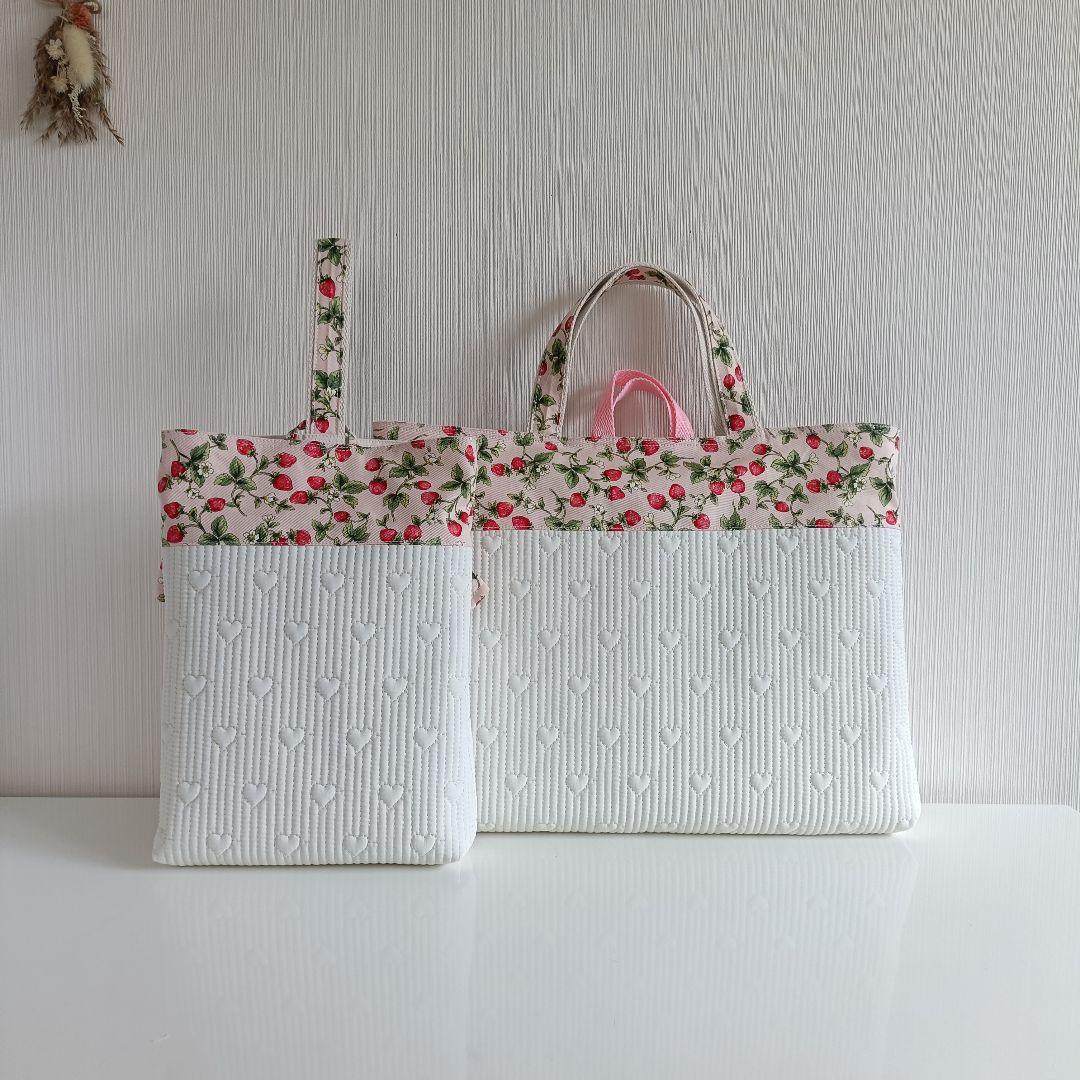 39.レッスンバッグ 2点セット リボン フリル いちご ピンク/オフホワイト