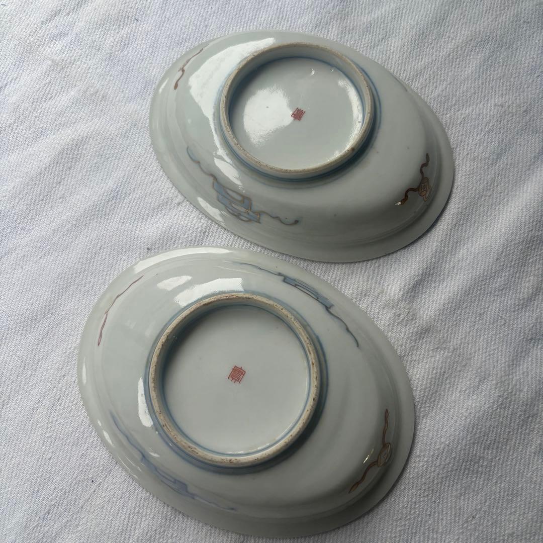 時代伊万里　洒落た亀甲幾何学デザインのオーバル楕円皿　2点（古伊万里骨董古道具器
