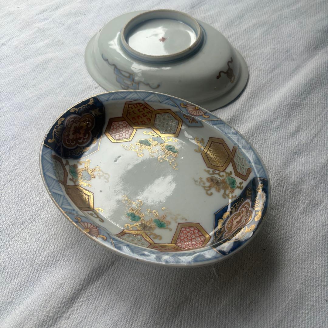 時代伊万里　洒落た亀甲幾何学デザインのオーバル楕円皿　2点（古伊万里骨董古道具器