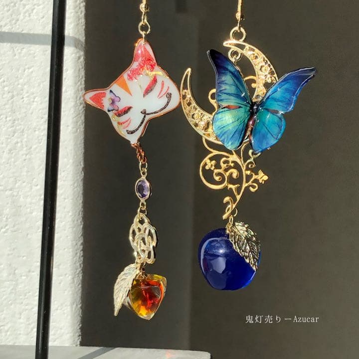 猫面と鬼灯　モルフォ蝶と林檎　唐草と三日月　和ゴス　彼岸花　ピアス　イヤリング